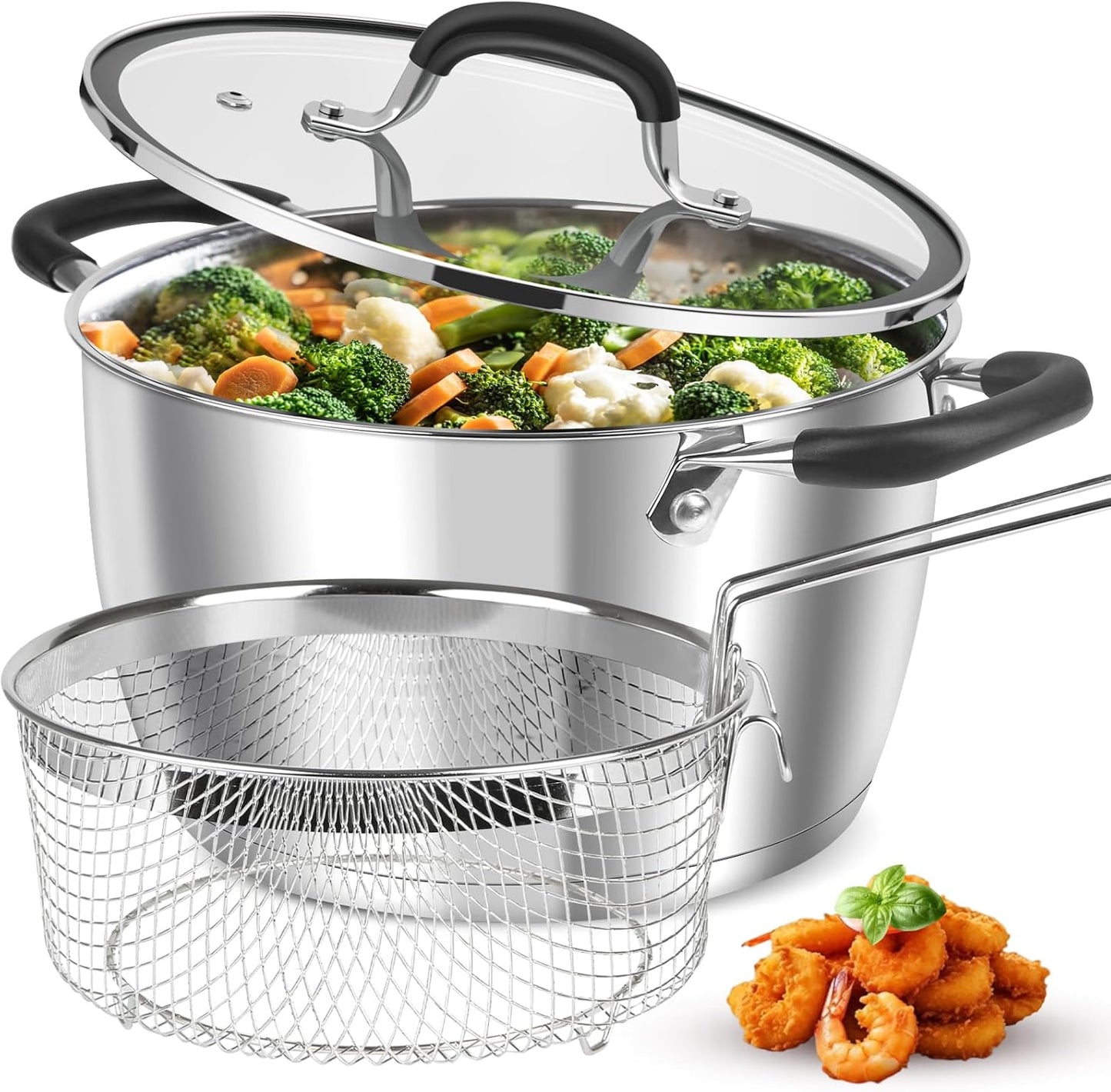 AOSION 6 Quart Stainless Steel Stock Pot with Lid,Deep Fryer Basket for Kitchen Colander Frying Cooking Steaming