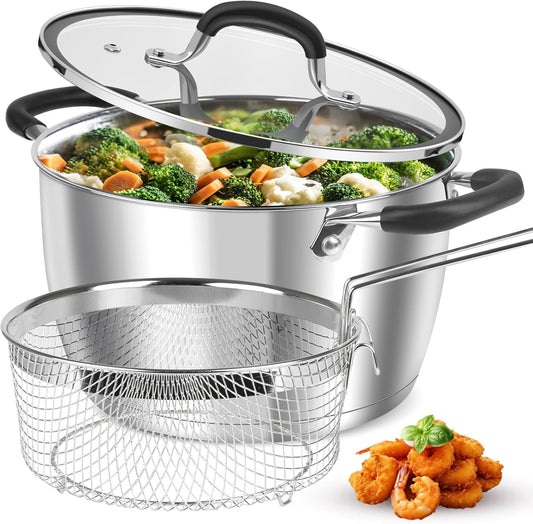 AOSION 6 Quart Stainless Steel Stock Pot with Lid,Deep Fryer Basket for Kitchen Colander Frying Cooking Steaming