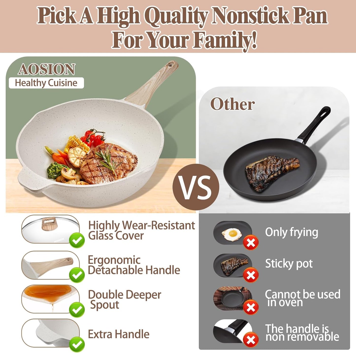 AOSION 11 Inch Nonstick Ceramic Deep Frying Pan Skille with Lid,5QT Sauté Pan for Cooking with Steam Rack,Healthy Large Skillet,Stay Cool Handle, Induction Compatible, PFOA & PFAS Free