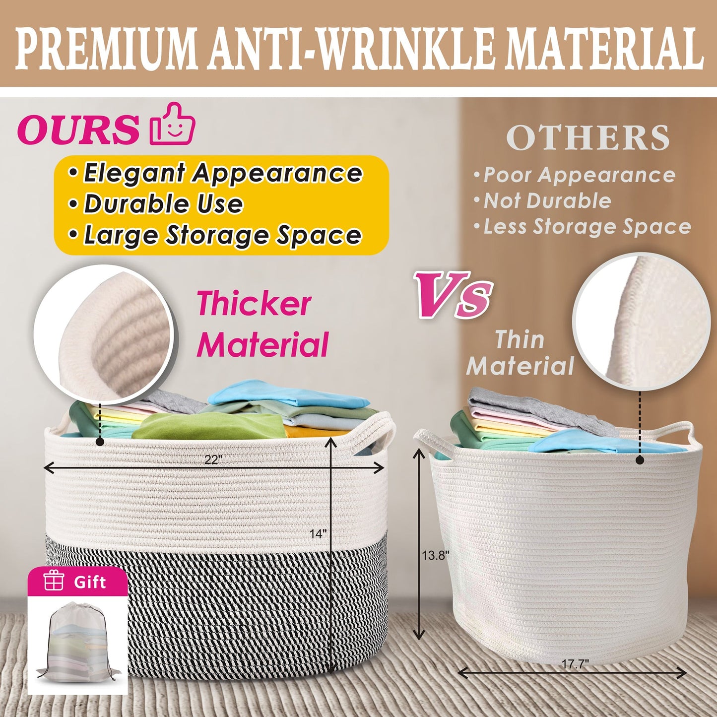 AOSION Blanket Basket, Rope Basket for Bathroom Bedroom