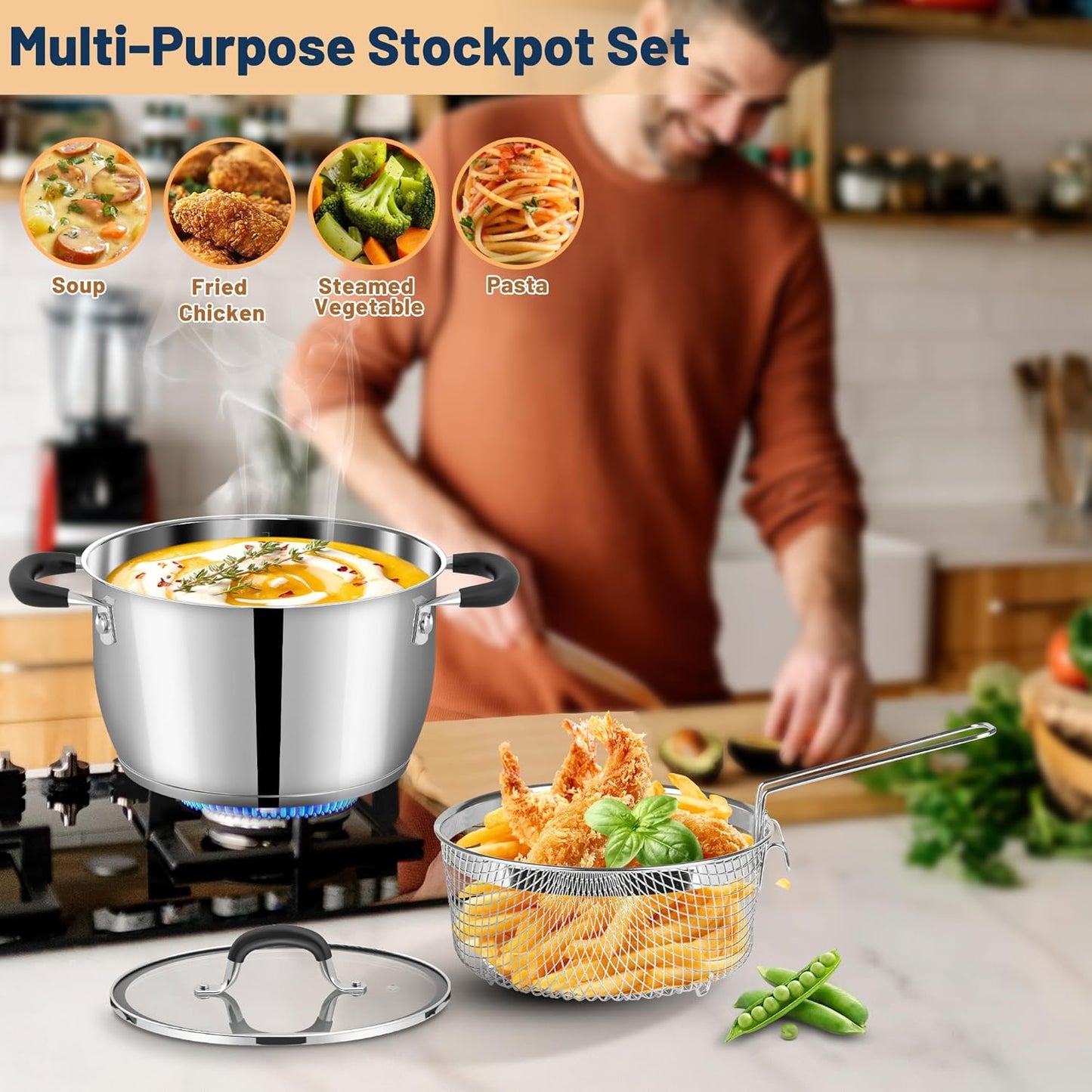AOSION 6 Quart Stainless Steel Stock Pot with Lid,Deep Fryer Basket for Kitchen Colander Frying Cooking Steaming