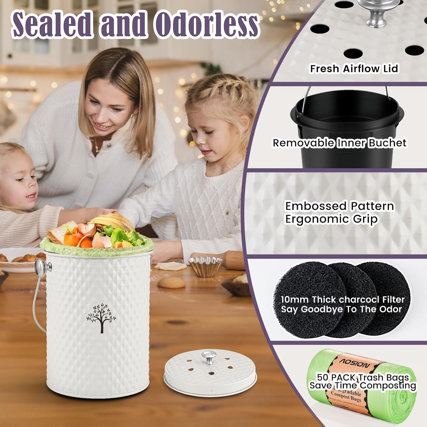 AOSION Countertop Compost Bin Kitchen,Odorless Indoor Compost Bin