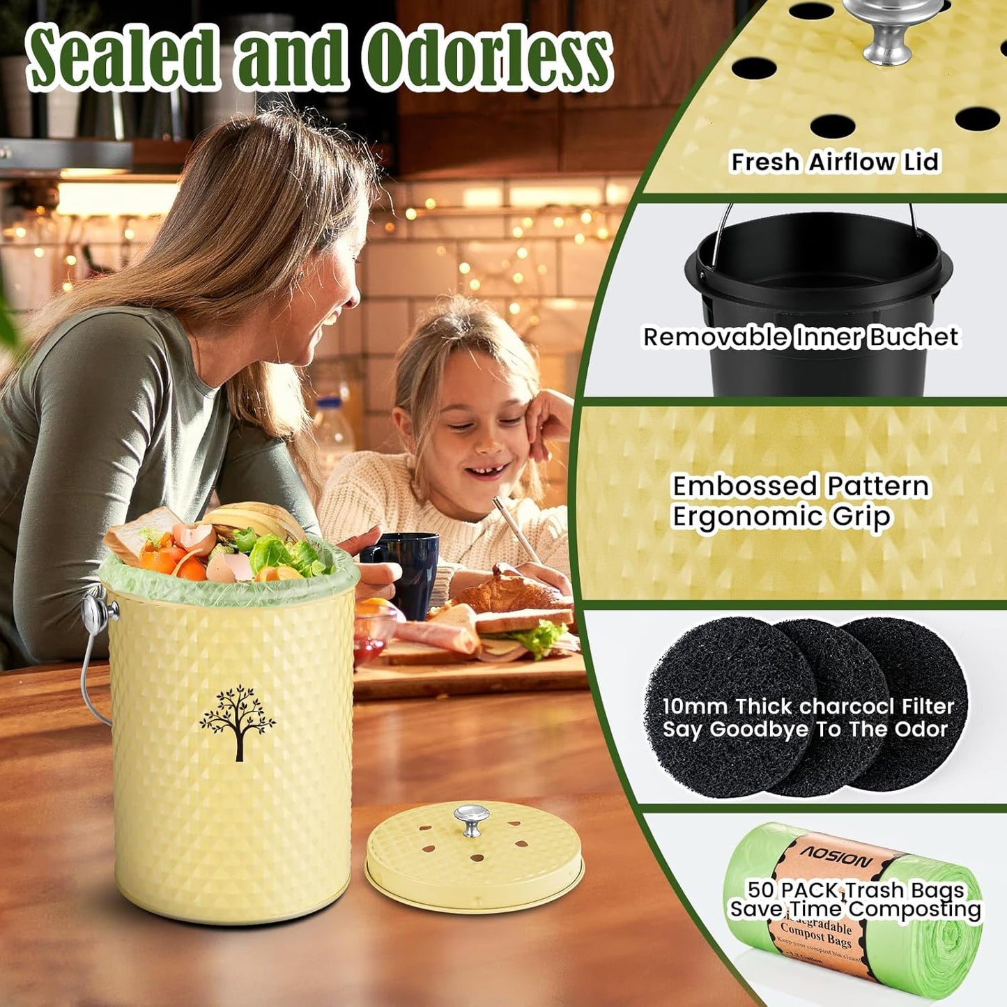 AOSION Countertop Compost Bin Kitchen,Odorless Indoor Compost Bin