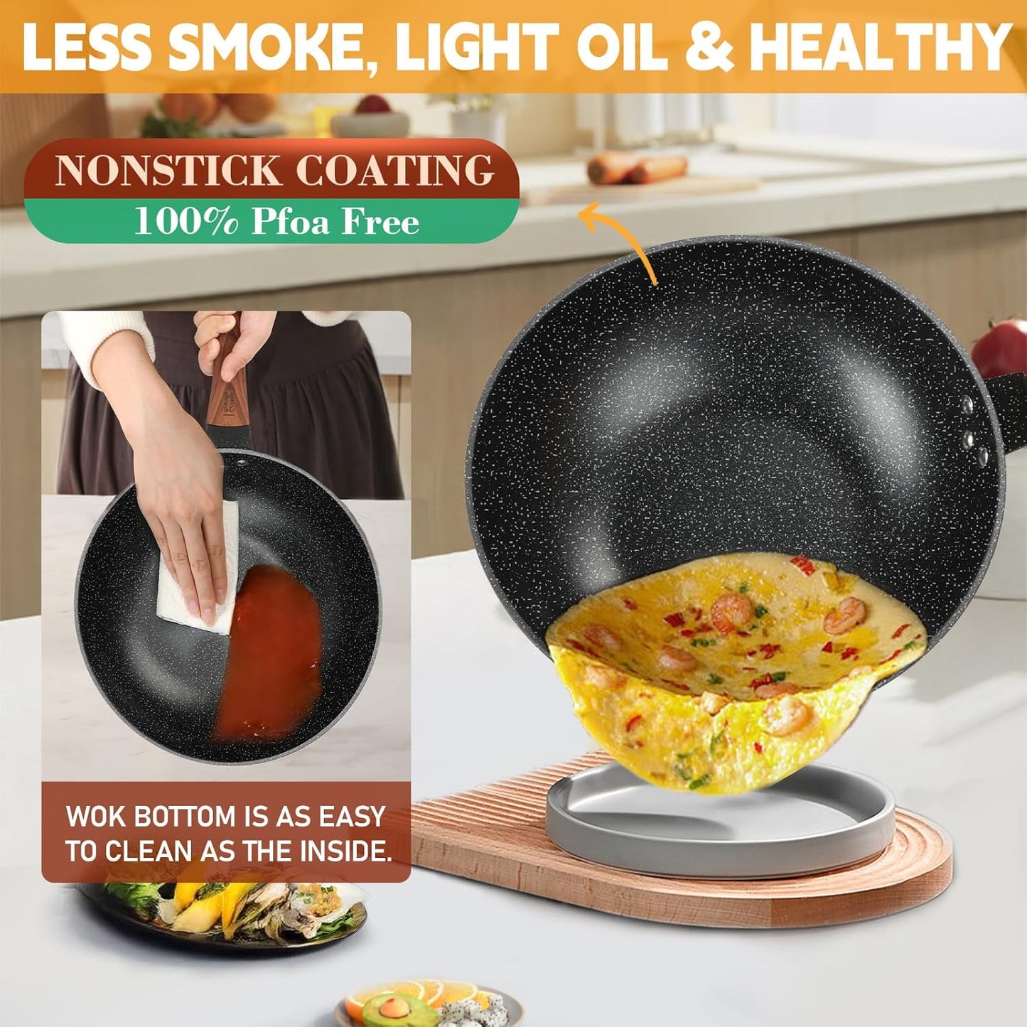 AOSION 13'' Nonstick Wok,Woks & Stir-Fry Pans Non Stick Wok