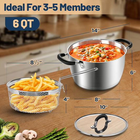 AOSION 6 Quart Stainless Steel Stock Pot with Lid,Deep Fryer Basket for Kitchen Colander Frying Cooking Steaming
