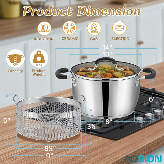 AOSION 6 Quart Stainless Steel Stockpot with Deep Fryer Basket, Stainless Steel Pot with Lid