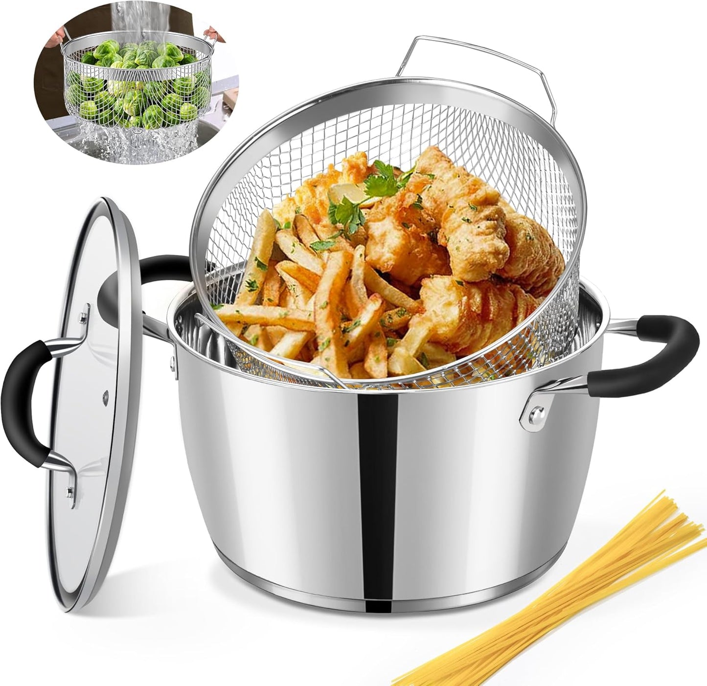 AOSION 6 Quart Stainless Steel Stockpot with Deep Fryer Basket, Stainless Steel Pot with Lid