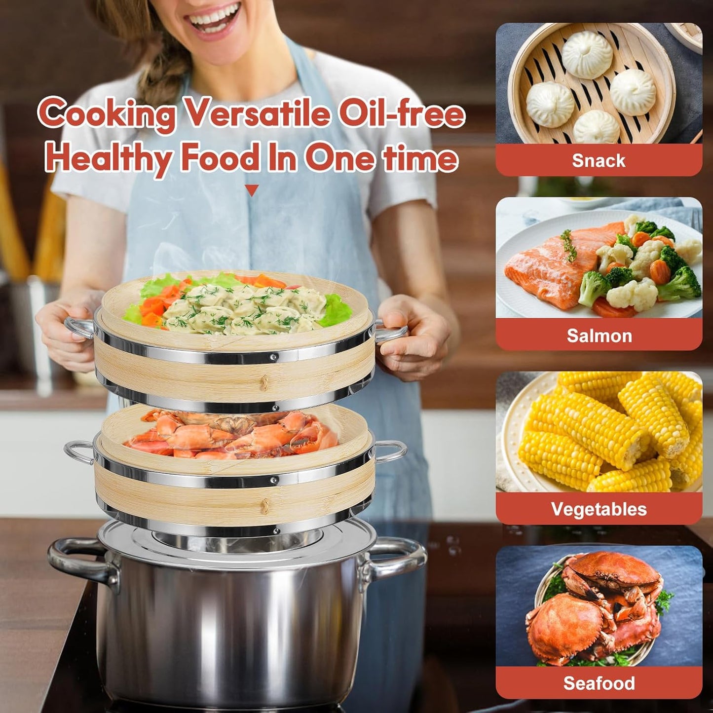 2-Tier Bamboo Steamer Basket Set 10 Inch with Reinforcement & Handle