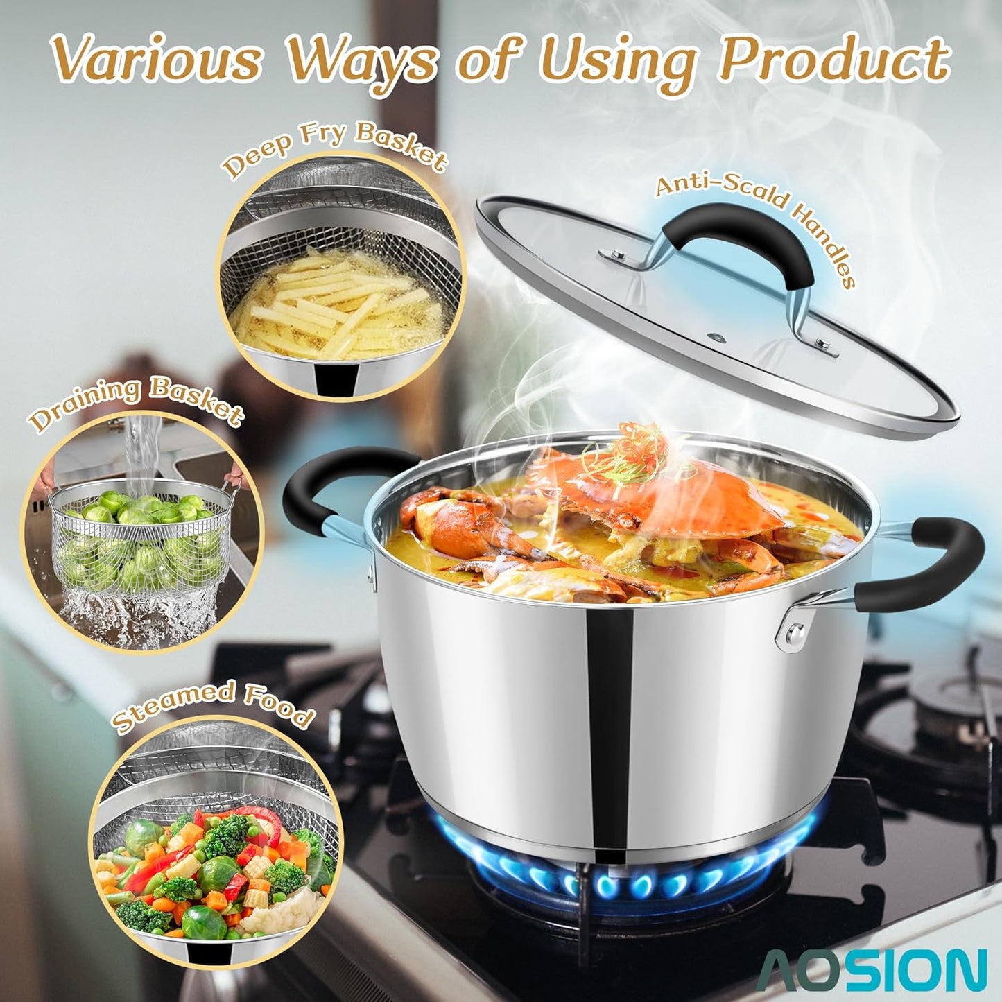 AOSION 6 Quart Stainless Steel Stockpot with Deep Fryer Basket, Stainless Steel Pot with Lid