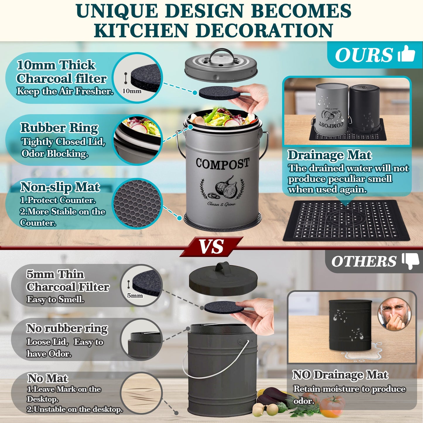 AOSION Compost Bucket, Kitchen Compost Bin