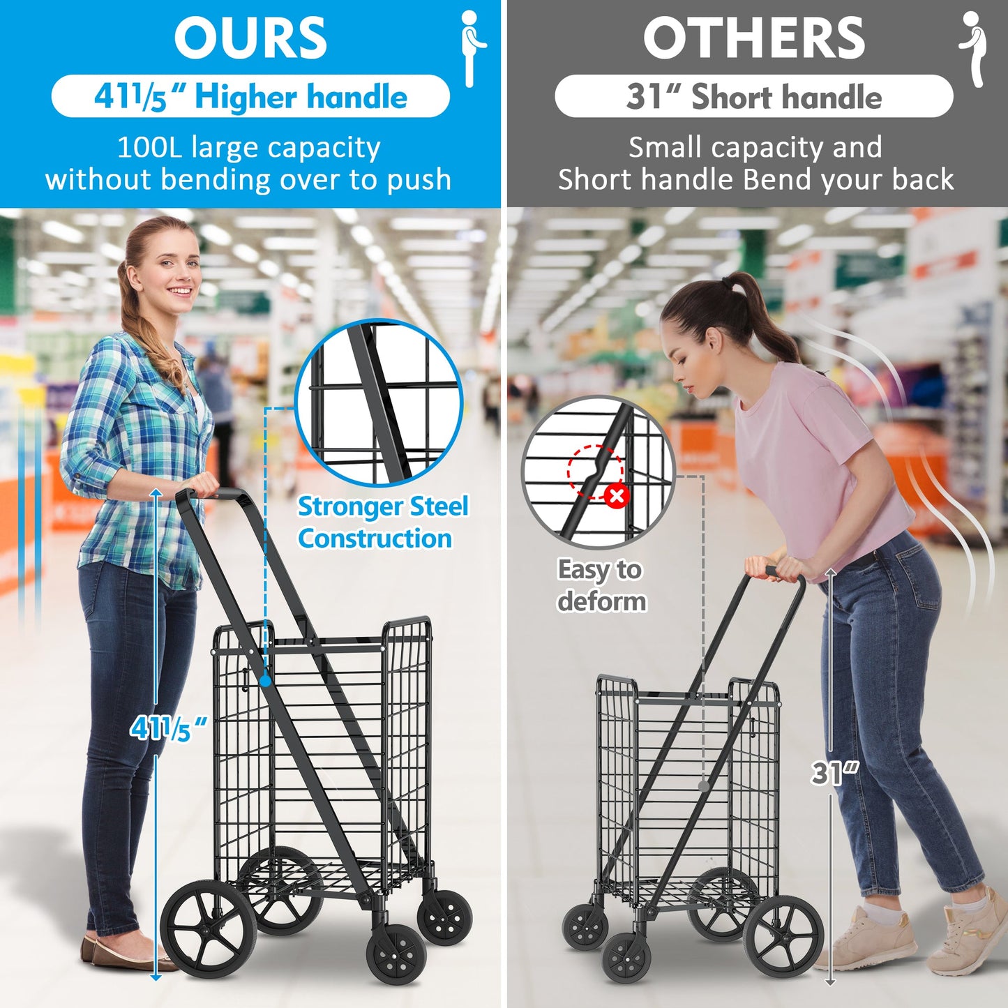 AOSION Grocery Cart With Wheelsr,Rolling Shopping Cart