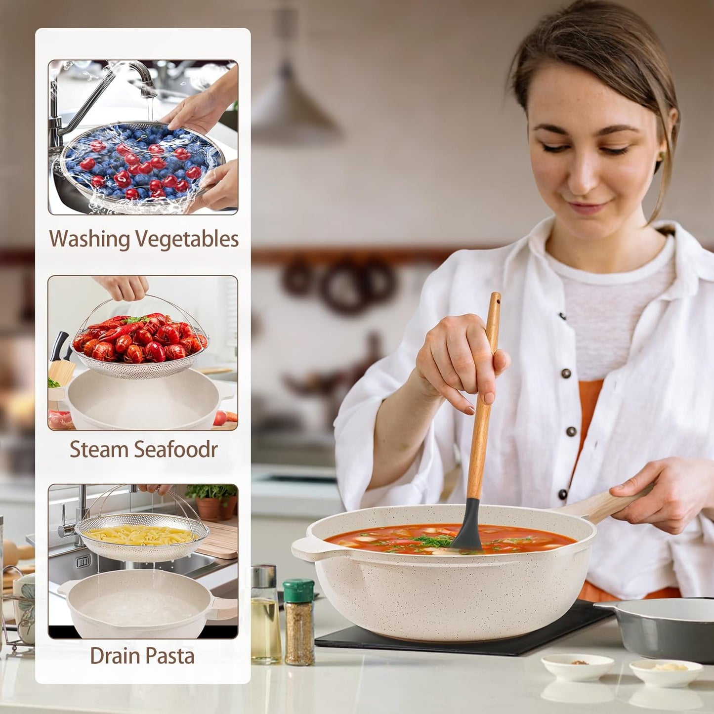 AOSION 11 Inch Nonstick Ceramic Deep Frying Pan Skille with Lid,5QT Sauté Pan for Cooking with Steam Rack,Healthy Large Skillet,Stay Cool Handle, Induction Compatible, PFOA & PFAS Free