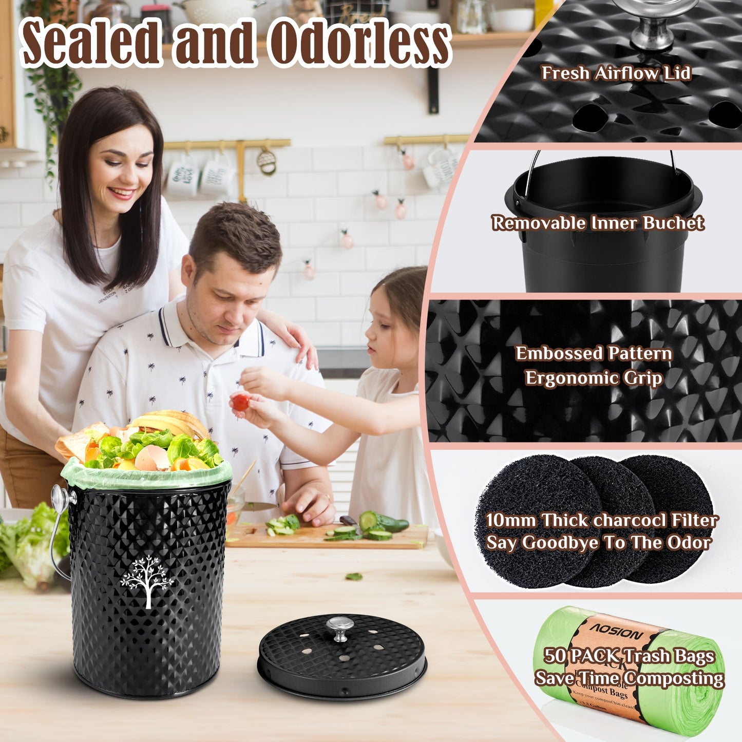 AOIOSN Countertop Compost Bin Kitchen，Odorless Indoor Compost Bin