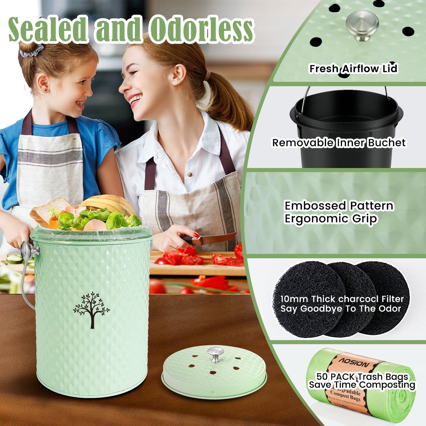 AOIOSN Countertop Compost Bin Kitchen，Odorless Indoor Compost Bin