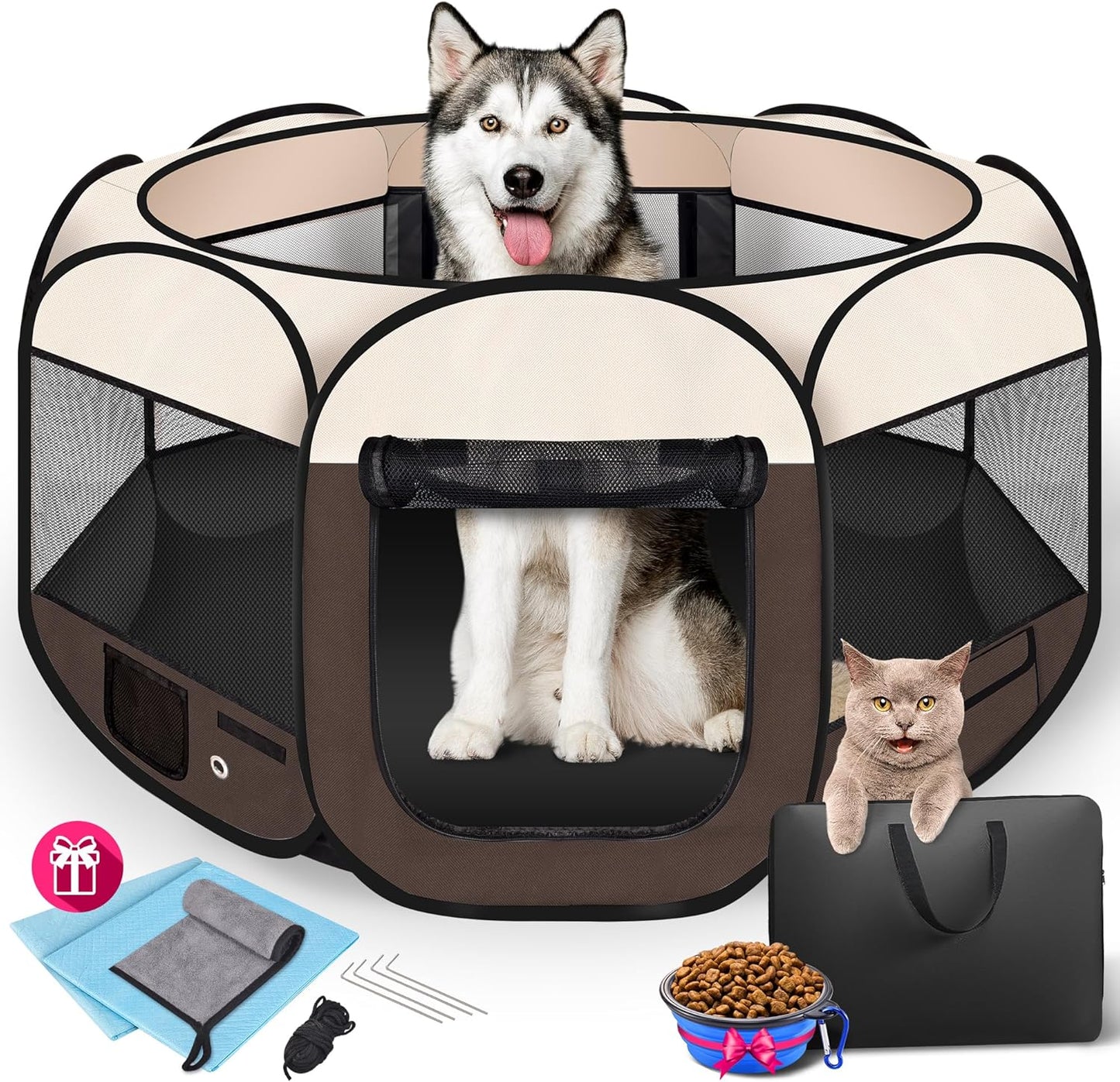 45" Foldable Pet Playpen for Large Dogs, HOMAGICO Pet Playpen for Indoor Cats Enclosed, Portable Dog Playpen Outdoor Tent Crate with Carrying Case, Water-Resistant and Removable Shade Cover