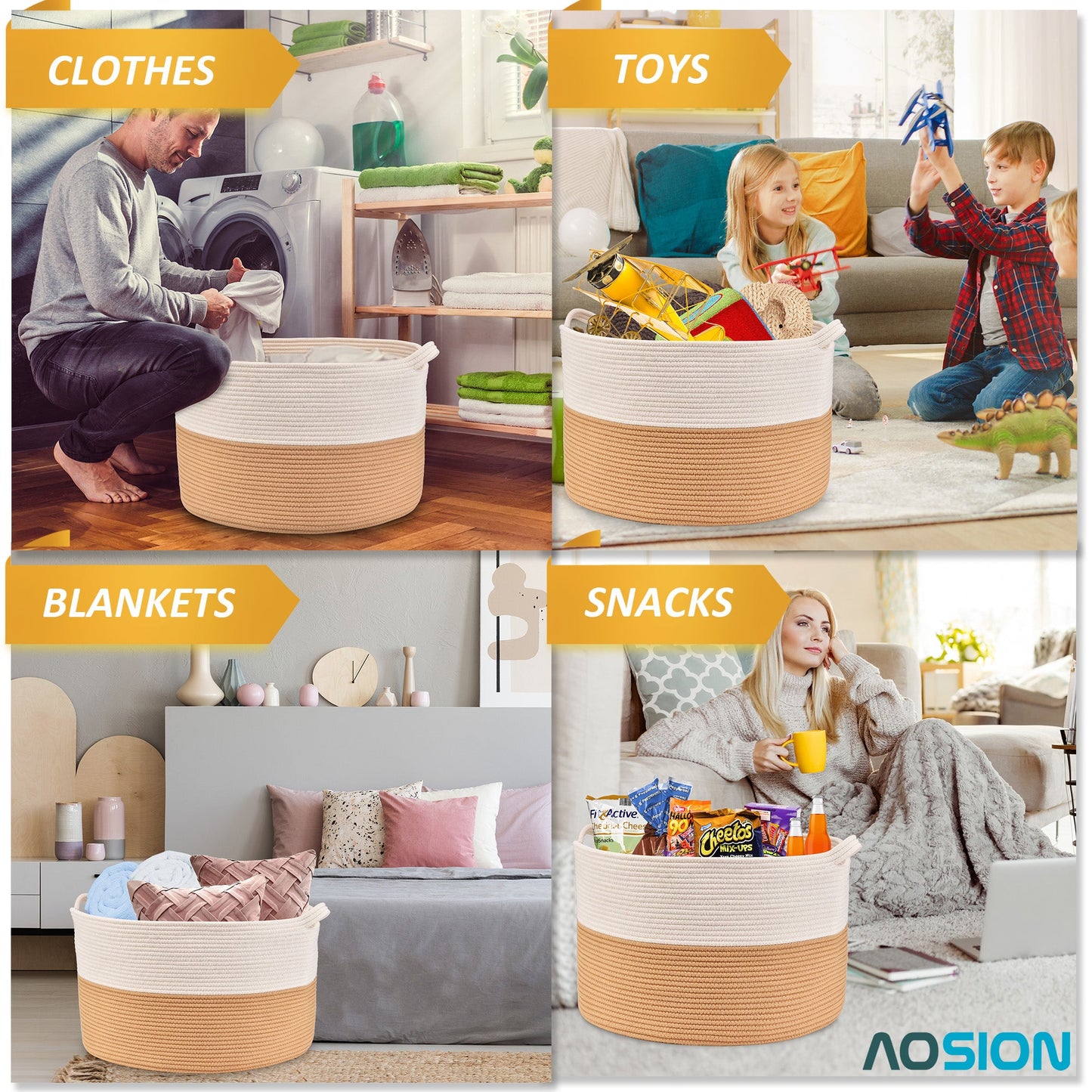 AOSION Blanket Basket, Rope Basket for Bathroom Bedroom